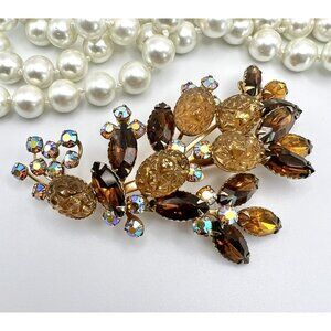 Vintage Juliana Style LAVA ROCK Amber Honey & AB Rhinestone Riveted Brooch